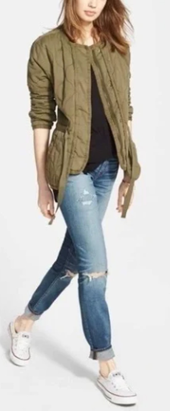 Madewell Quilted Drawstring Green Utility Jacket Size M Full Zip Casual Layering